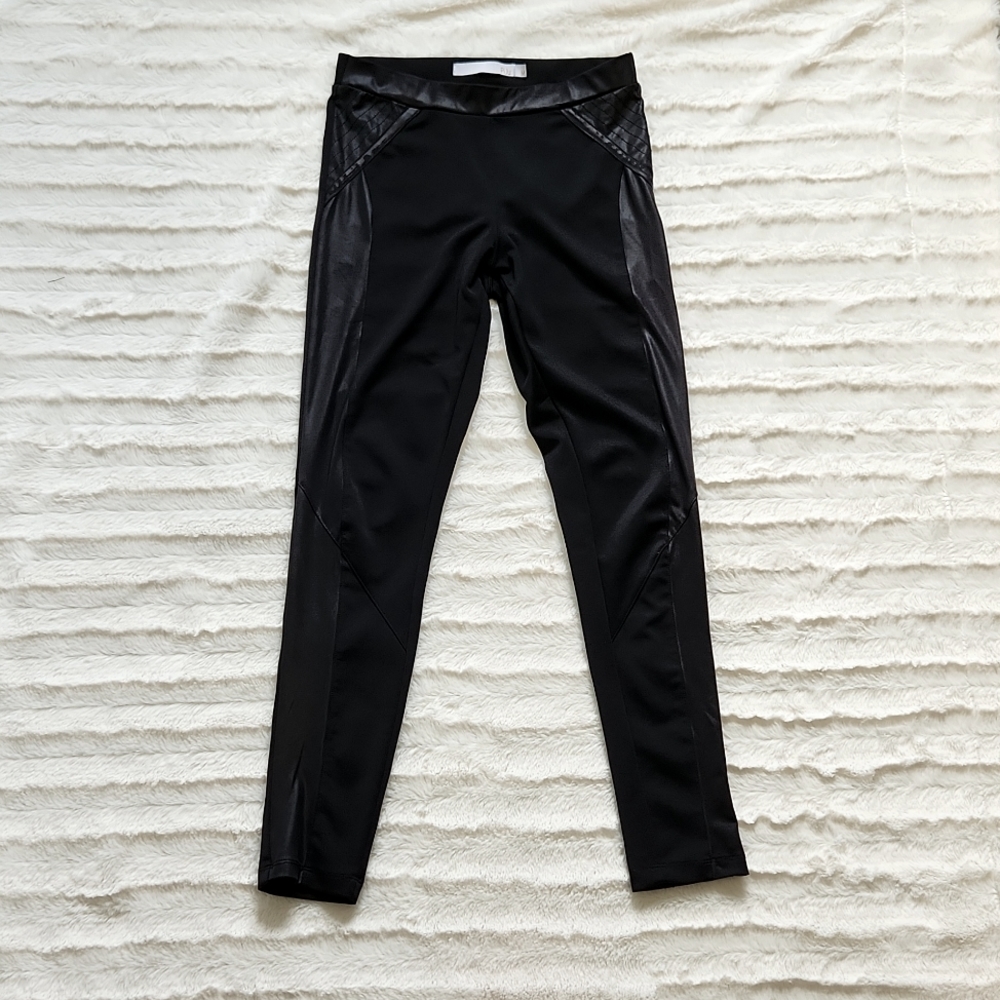 Black Leggings with Faux Leather Detailing, Size M